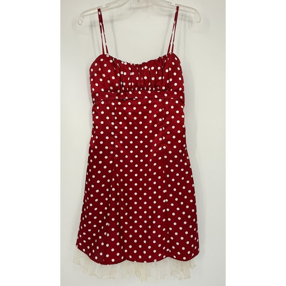 Red‎ Polka Dot Fit Flare Dress Spaghetti Strap Ruffle Hem Pin Up Rockabilly Y2K